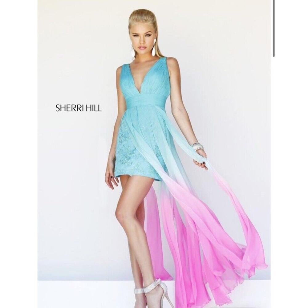 Sherri Hill Ombre Aqua to Pink High-Low Cocktail Dress - Picture 4 of 13